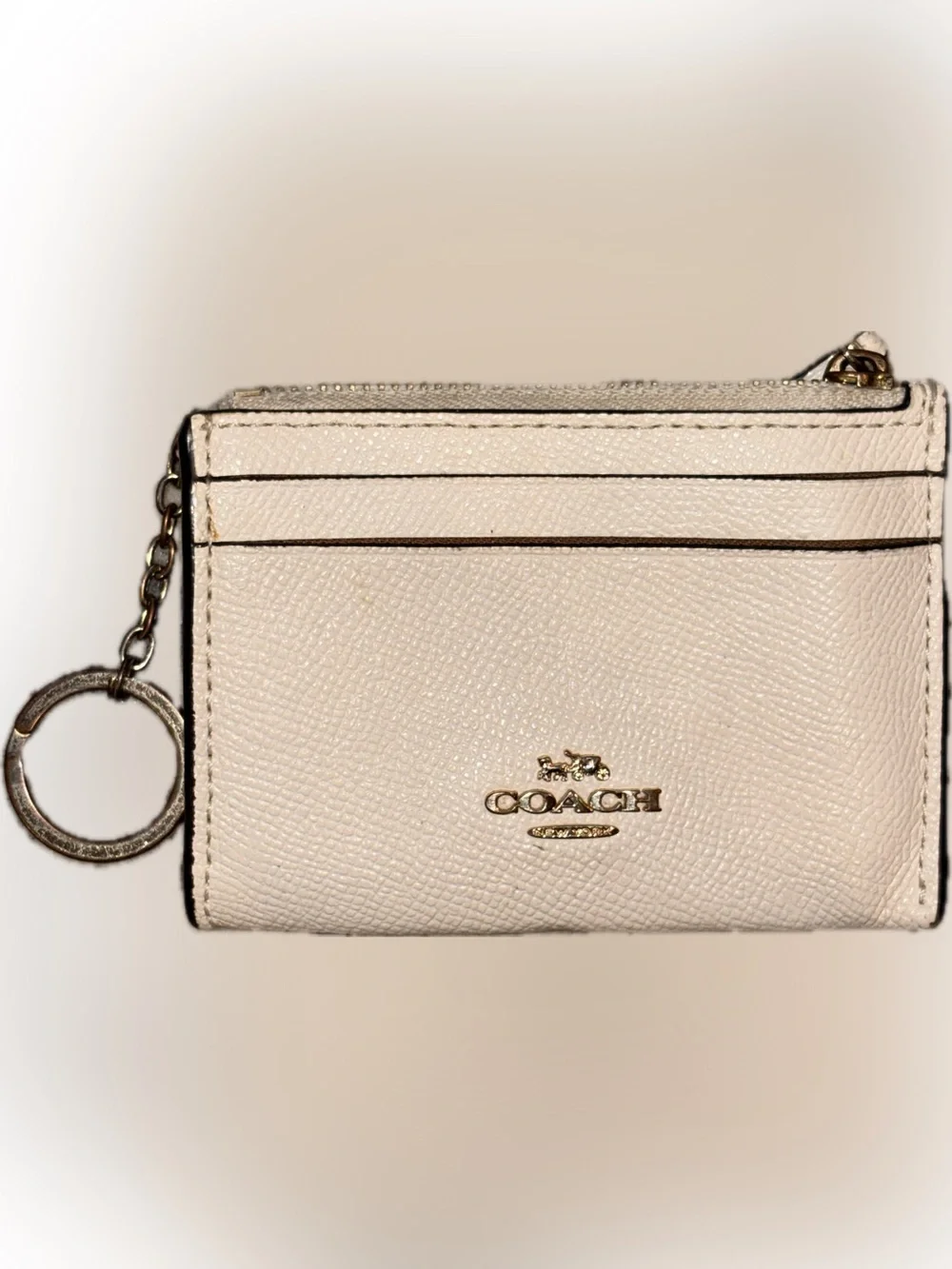 Coach Cream Leather Card Holder Key Ring with Brown ID Window
